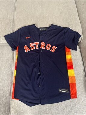 Nike Navy Astros Kids Button-Front Jersey with Orange Accents